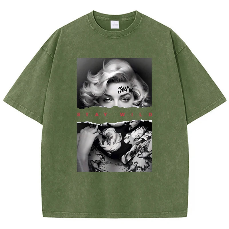 T-Shirt mit Porträt im europäischen Stil – Vintage-Baumwoll-T-Shirt für Damen mit Waschung