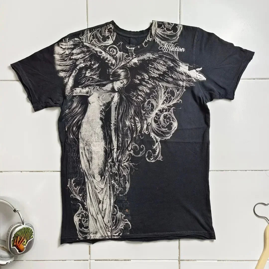 Herren Y2K Gothic Affliction T-Shirt – Baumwoll-T-Shirt mit dunklem Flügelprint