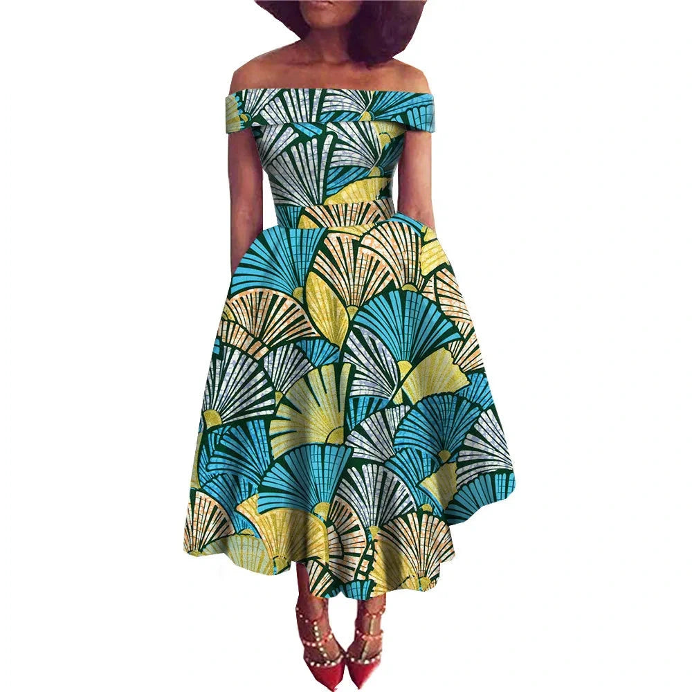 Afrikanisches Ankara-Print Carmen-Kleid | Traditionelle trägerlose afrikanische Kleidung