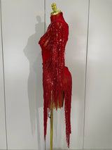Glitzerndes Strass-Fransen-Minikleid – Sexy One-Shoulder-Durchsichtige Robe – Lateinamerikanischer Tanz-Performance-Outfit