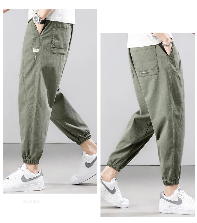 Men’s Summer Thin Cotton Cargo Pants – Stretch Ankle Length Casual Trousers