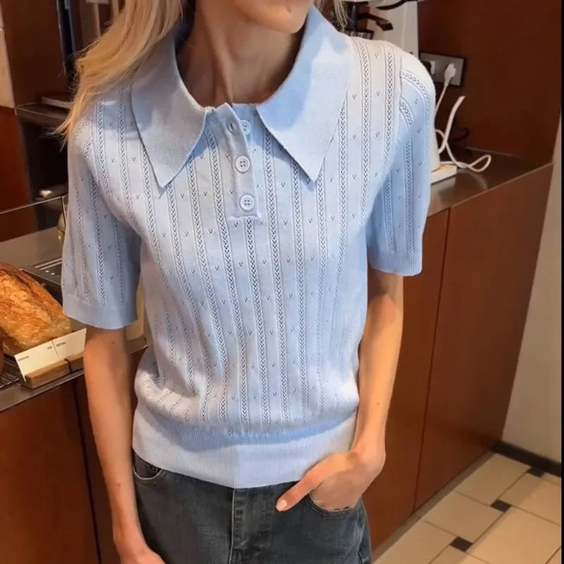 Knit Lapel Top For Women Buttons Short Sleeve Pullover T Shirt Female Fashion Office Lady Solid Casual Top