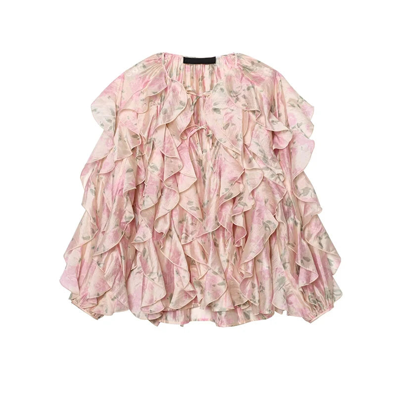 Elegante Damen-Chiffonbluse mit Blumenmuster | Langarm-O-Neck-Top mit Schnürung