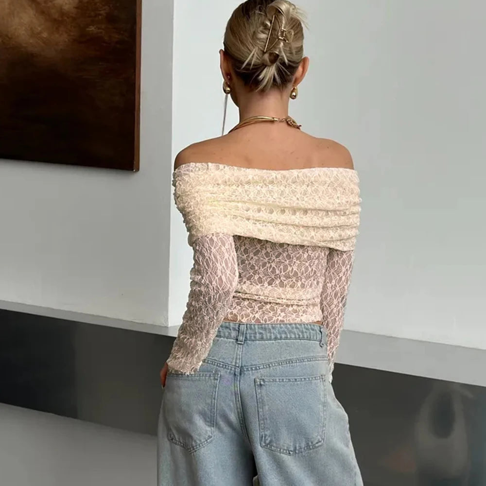 Sexy apricotfarbenes One-Shoulder-Top – Elegante ausgehöhlte Spitzenbluse, plissiertes durchsichtiges Party-Top