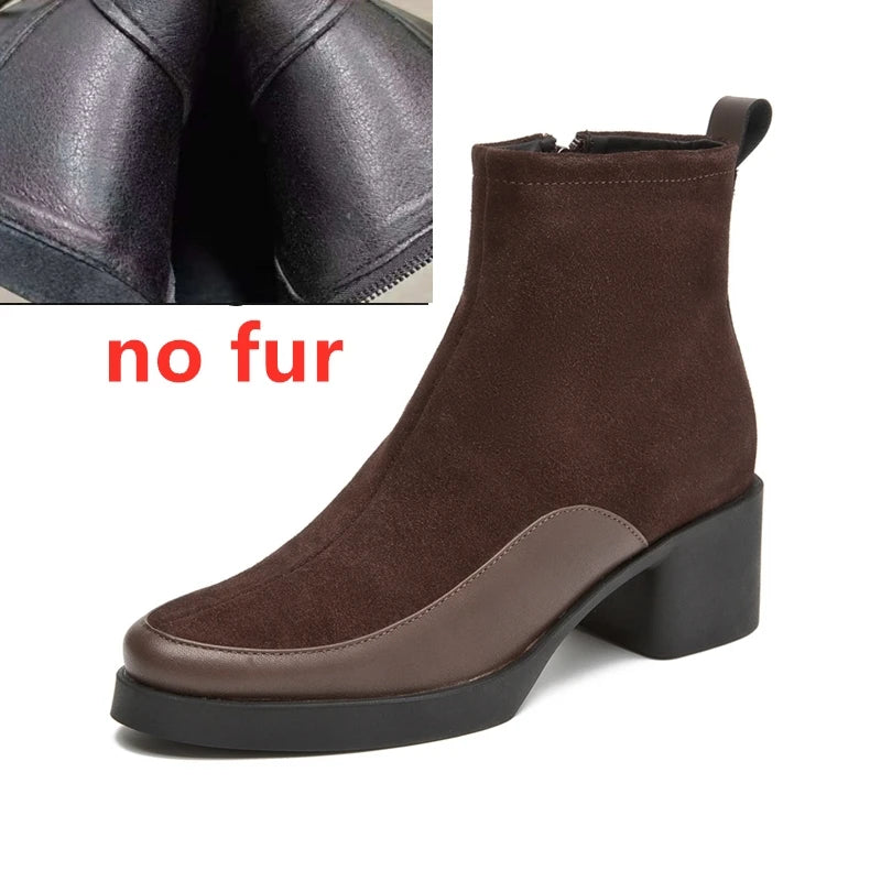 Women’s Genuine Leather Ankle Boots – Pointed Toe Chunky High Heel Boots