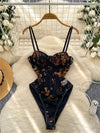 French Retro Corset Bodysuit Sexy Lace Print Patchwork Night Club Romper