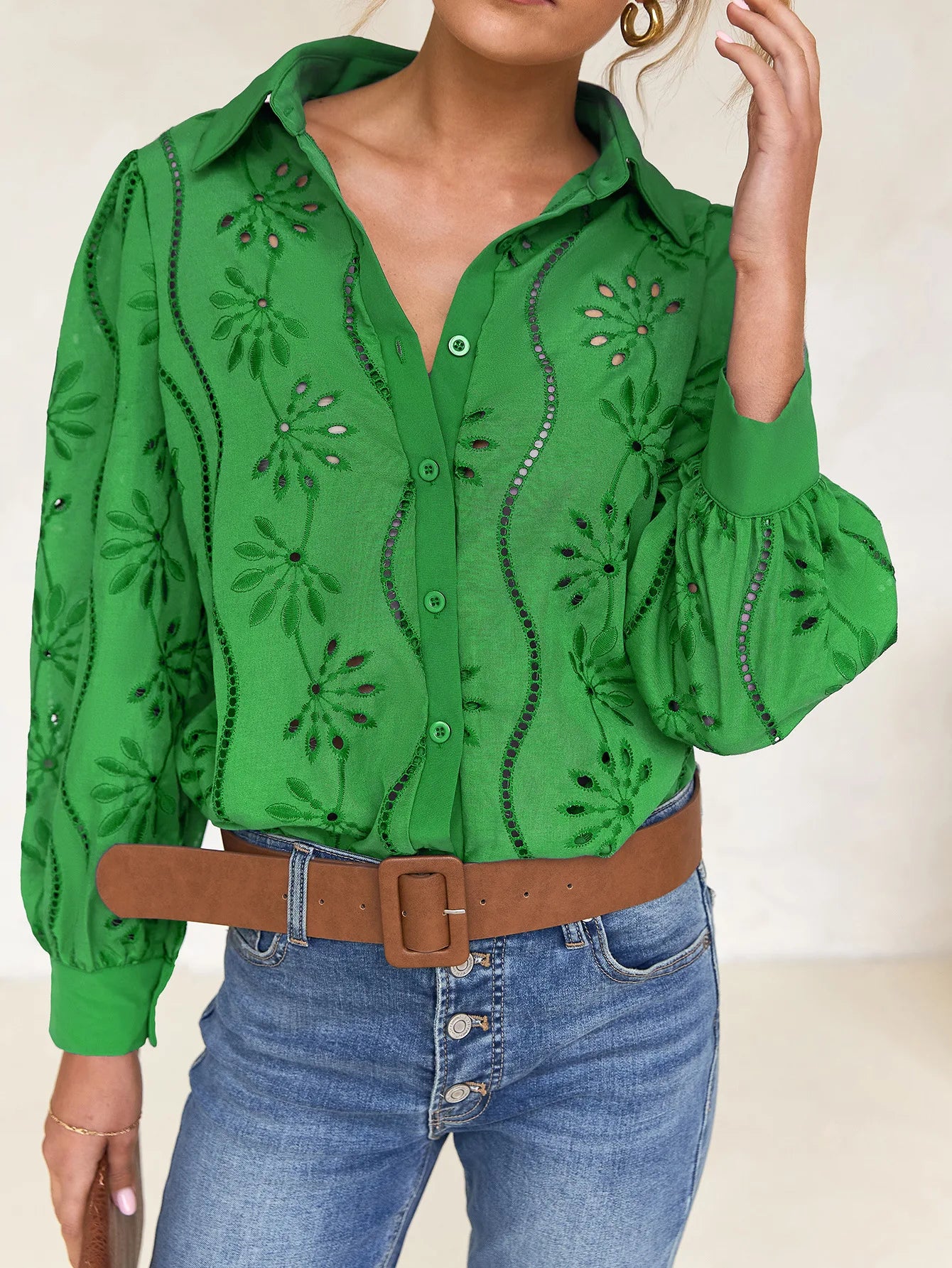 Women’s Hollow-Out Puff Sleeve Blouse – Casual Loose Solid Shirt