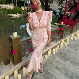 Deep V-Neck High Waist Office Party Gown – Slim Fit Long Sleeve Fishtail Dress