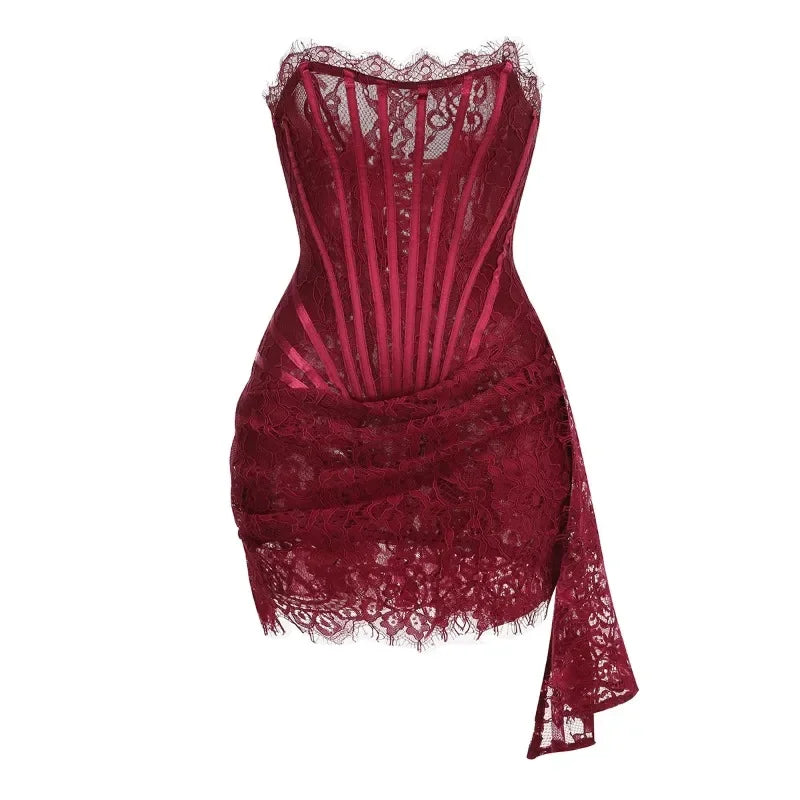 Damen sexy trägerloses Spitzen-Minikleid – Transparenz-Patchwork Abend- & Partykleid mit hoher Taille