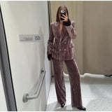 Women’s Chic Velvet Feather Patchwork Suit – Elegant Lapel Blazer & Wide Leg Pants 2-Piece Set