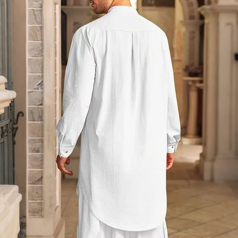 Herren-Hemd aus Baumwoll-Leinen im muslimischen Stil – Langarm, Stehkragen, Robe