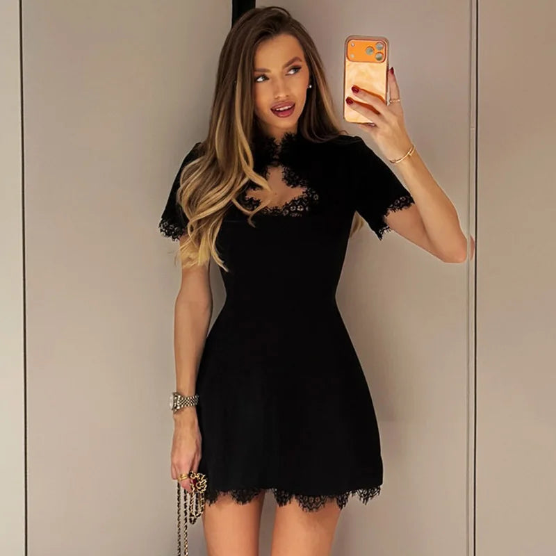 Women’s Luxury Lace Patchwork Evening Dress – Elegant Hollow Out Slim Fit Party Dress