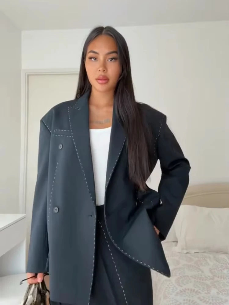 Women’s Casual Black Blazer – Loose Fit Double-Breasted Jacket