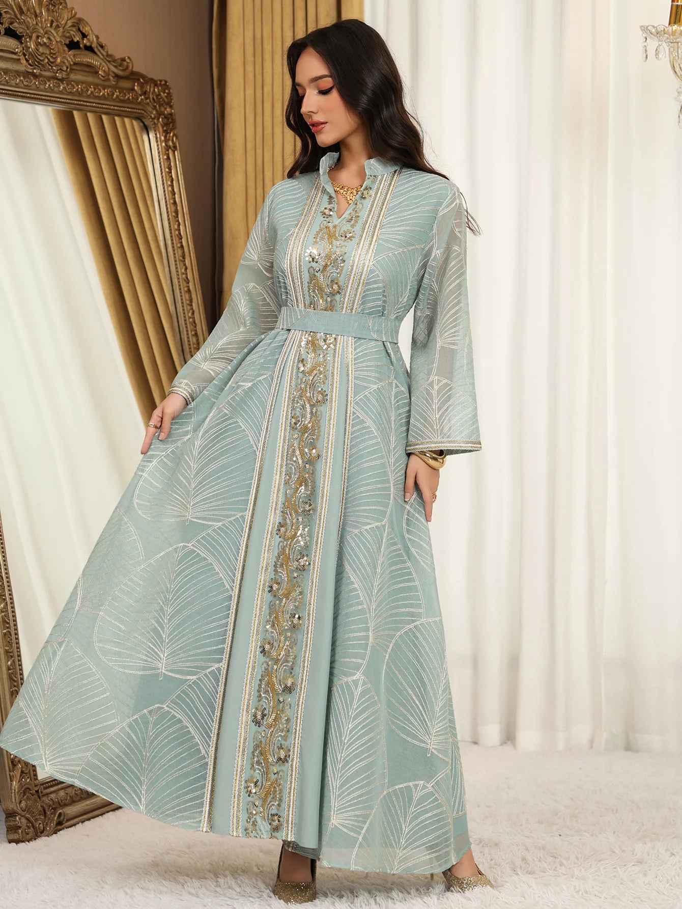 Women’s Mesh Sequin Abaya Dress | Elegant Embroidered Eid Party Gown