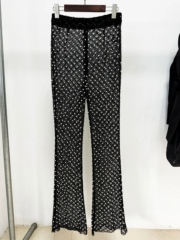 Damen-Blazer mit Cut-Out-Blumenapplikationen und Perlenbesatz – Elegantes Set mit weiter Hose aus Gaze