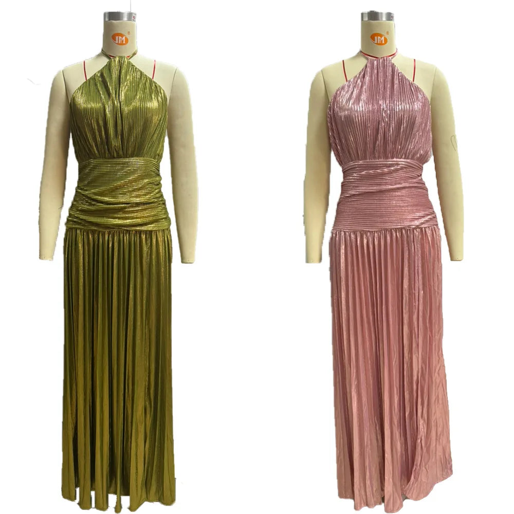 Damen Neckholder Abendkleid | Schickes einfarbiges plissiertes rückenfreies Kleid