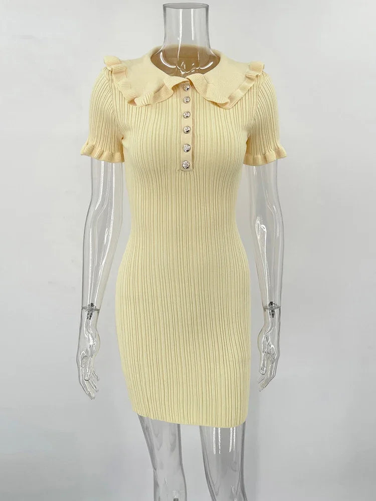 Ruffled Knitted Mini Dress for Women | High Waist Short Sleeve Bodycon Dress