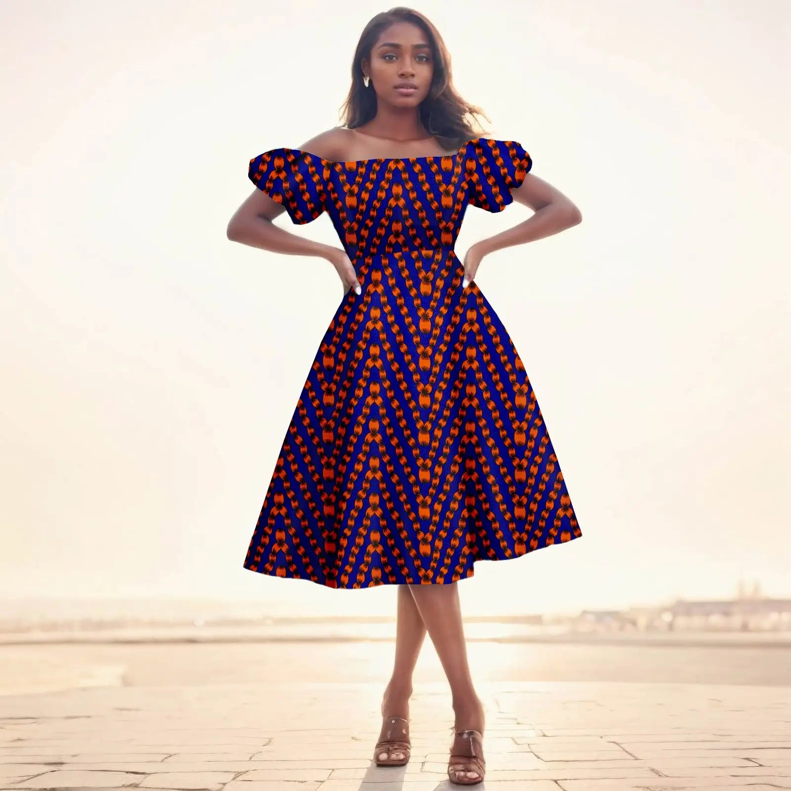 Afrikanisches Ankara-Print Midikleid für Damen | Kurzärmliges Kleid mit hoher Taille