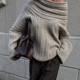 Women’s Off-Shoulder Knit Sweater – Brown Retro Loose Casual Pullover