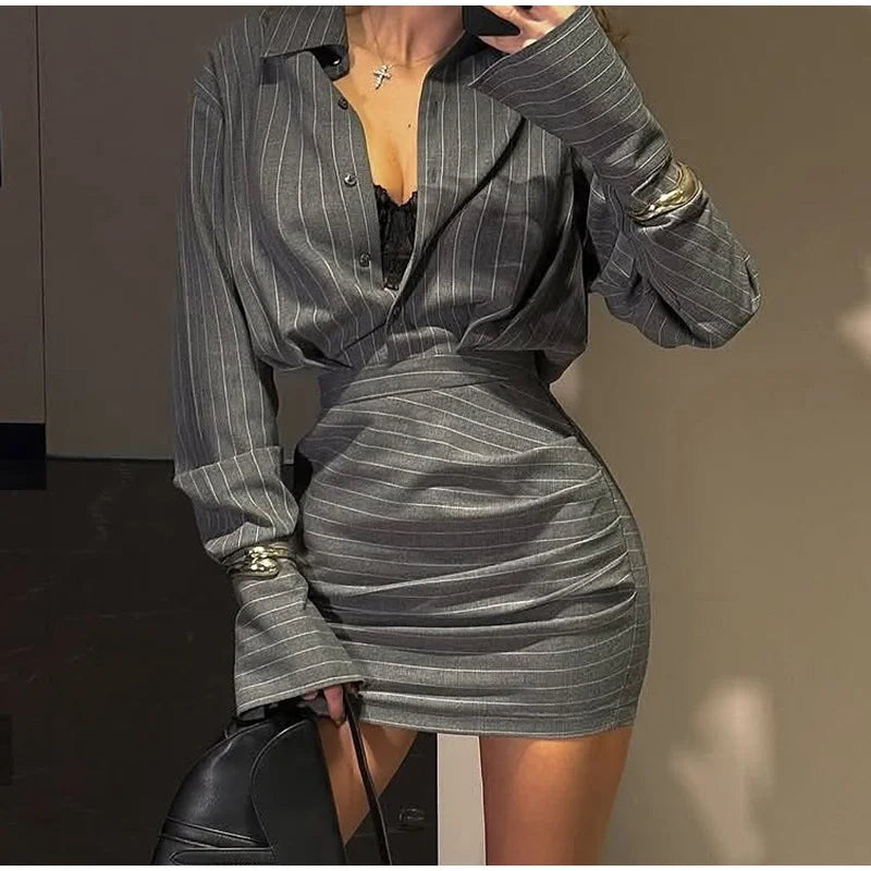 Women’s Elegant Lapel Single-Breasted Shirt & Hip Package Skirt Set