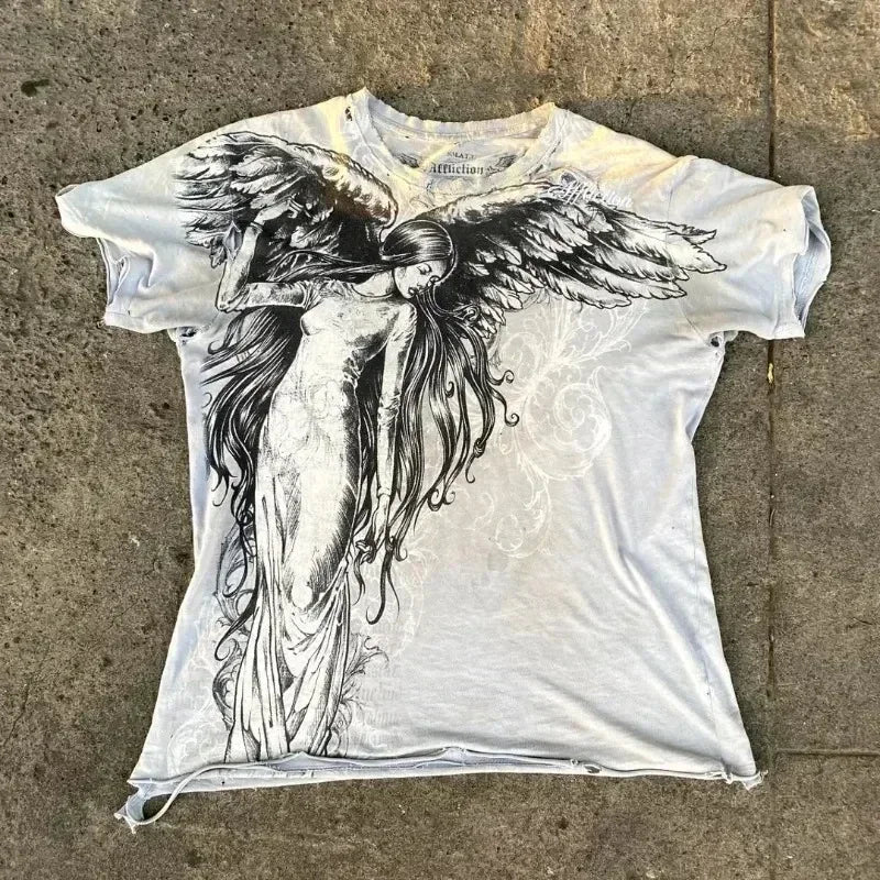 Herren Y2K Gothic Affliction T-Shirt – Baumwoll-T-Shirt mit dunklem Flügelprint