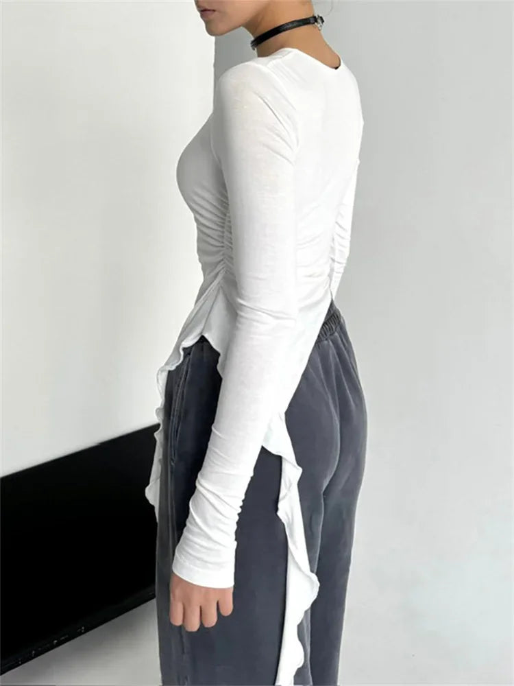 Damen Rüschen Patchwork Durchsichtig Langarm Weiß Strick Slim T-Shirt Pullover