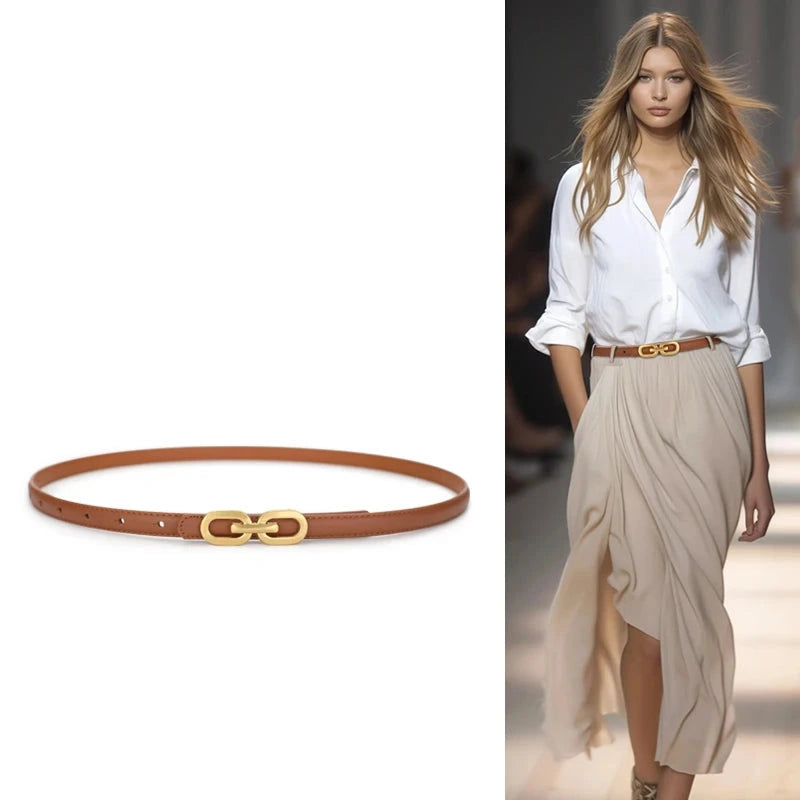 The "Grace" Skinny Belt: Premium Genuine Leather with Polished Gold Buckle