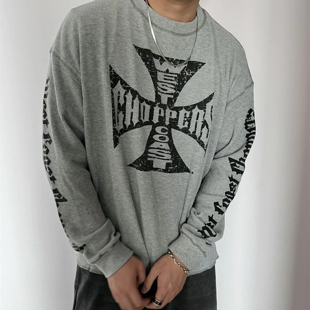 Men’s Vintage Sanskrit Logo Print Tee – Oversized Long Sleeve Hip Hop T-Shirt