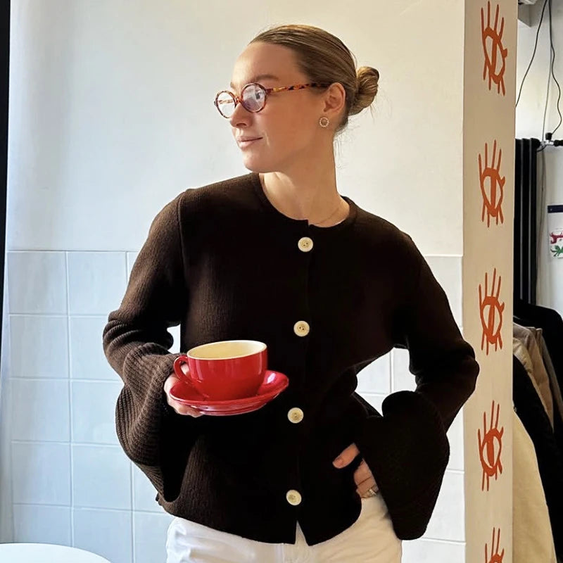 Gerippte Patchwork-Strickjacke für Damen – Locker sitzende Langarm-Strickjacke in Uni