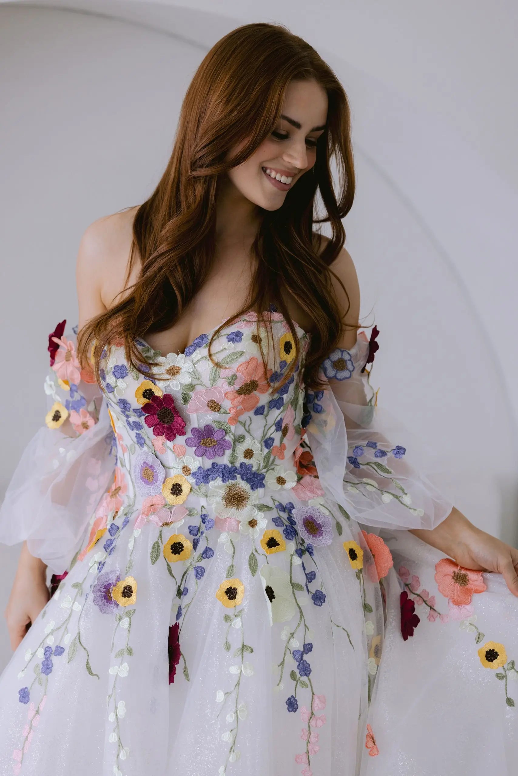 Floral Embroidery Puff Sleeve Prom Dress | Tulle Bridal & Party Gown
