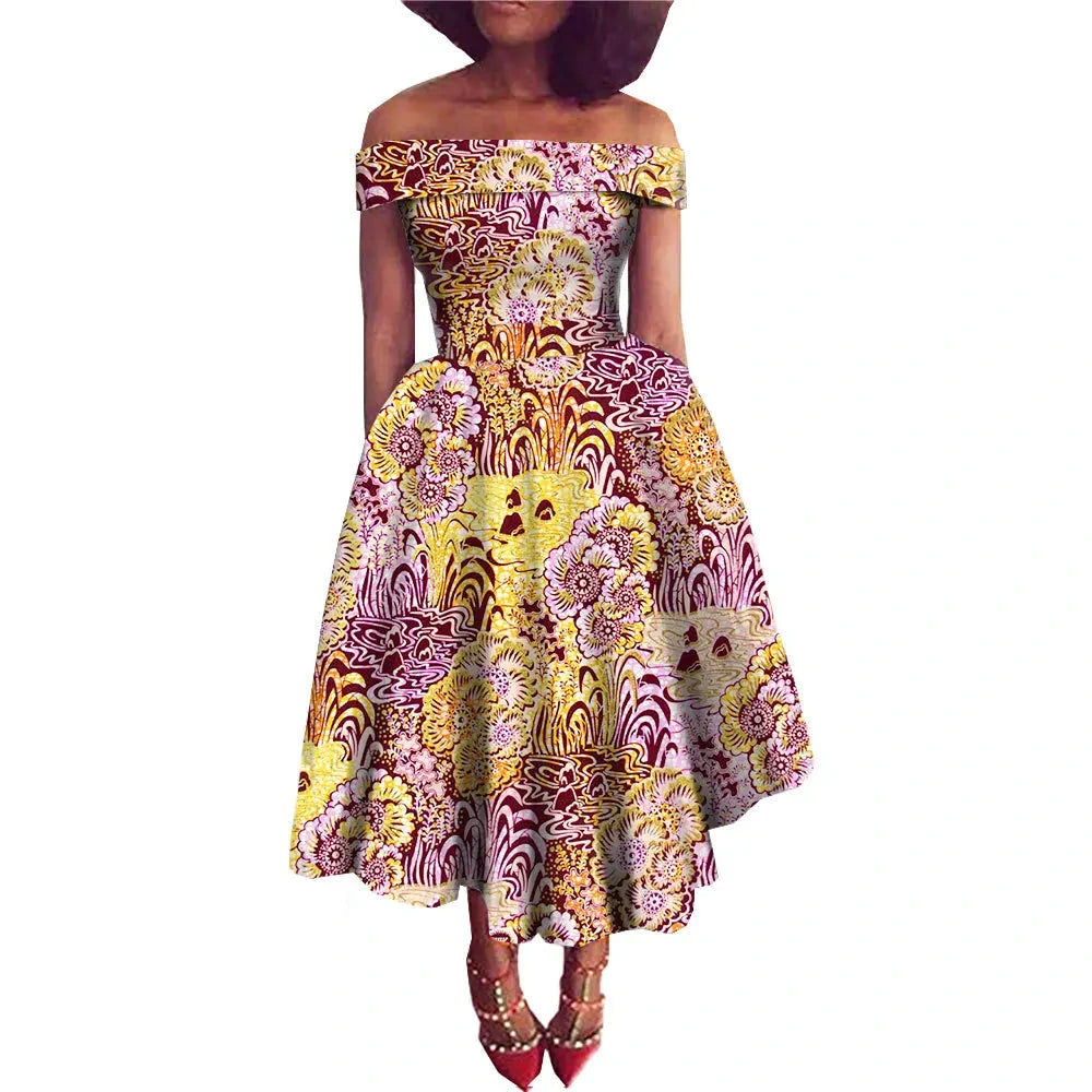 Afrikanisches Ankara-Print Carmen-Kleid | Traditionelle trägerlose afrikanische Kleidung
