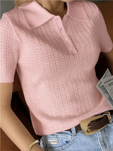 Hollow Lapel Neck Knit Top for Women – Short Sleeve Casual Loose Fit Tee