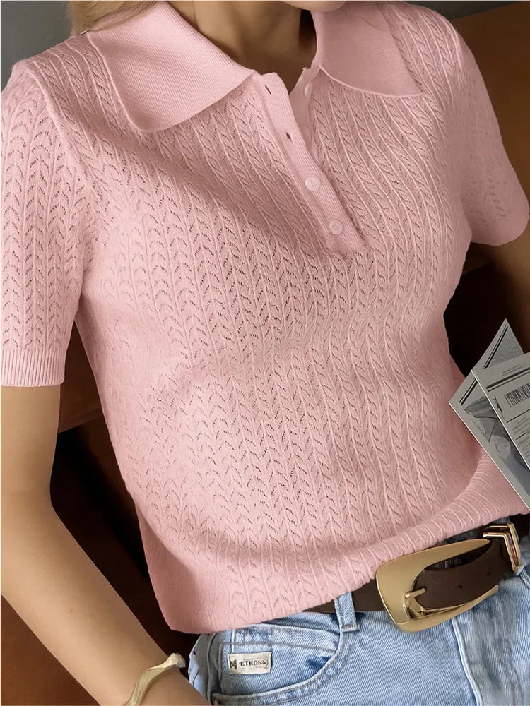 Hollow Lapel Neck Knit Top for Women – Short Sleeve Casual Loose Fit Tee