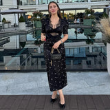 Damen Sexy Hohlspitze Kleid – Elegantes Kurzarm-Kleid mit Druck, hoher Taille und schmaler Passform für Sommerpartys