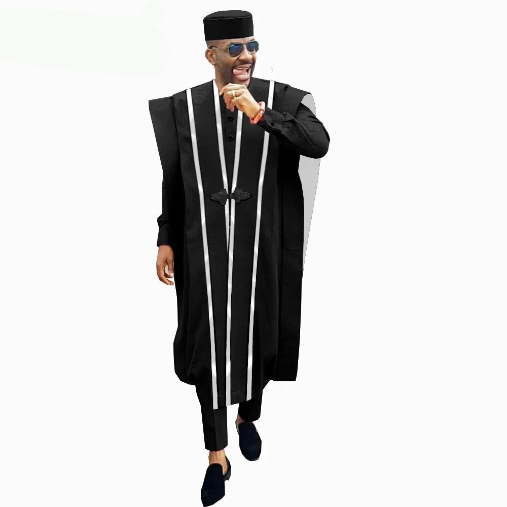 Men’s 4-Piece African Agbada Set | Grand Robe, Dashiki Shirt, Ankara Pants & Tribal Hat