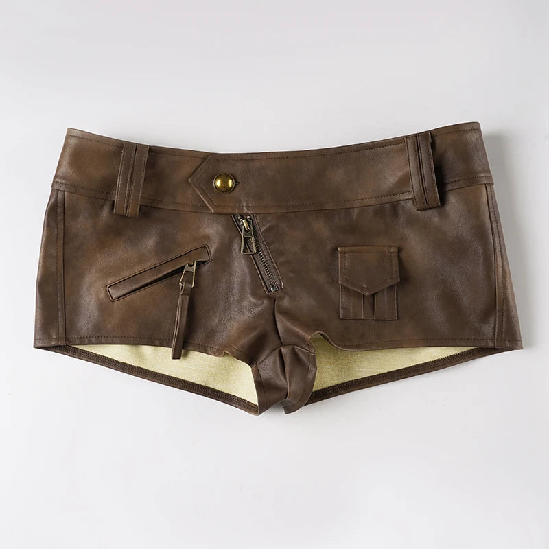 Sexy tief sitzende Y2K Vintage PU-Leder-Super-Mini-Shorts mit Reißverschlusstaschen