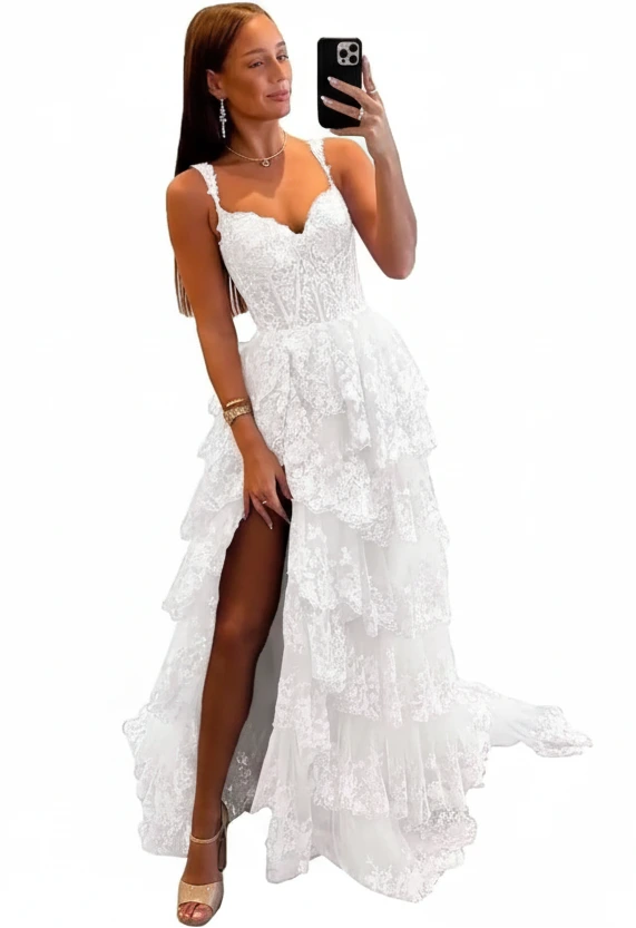 Glitzerndes, gestuftes Spitzen-Tüll-Ballkleid | Langes Korsettkleid mit Spaghettiträgern
