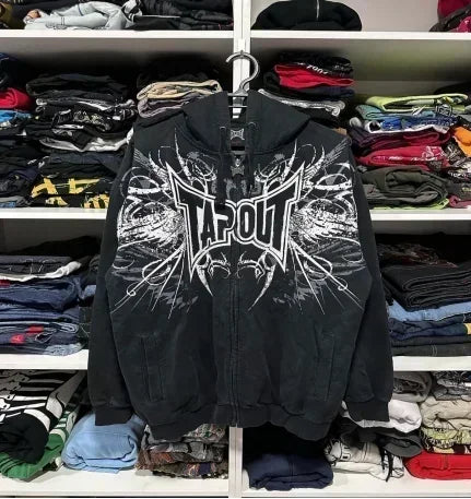 Herren Y2K Goth Kapuzenpullover mit Reißverschluss – Gothic Muster Grafik Sweatshirt – Harajuku Hip Hop Streetwear