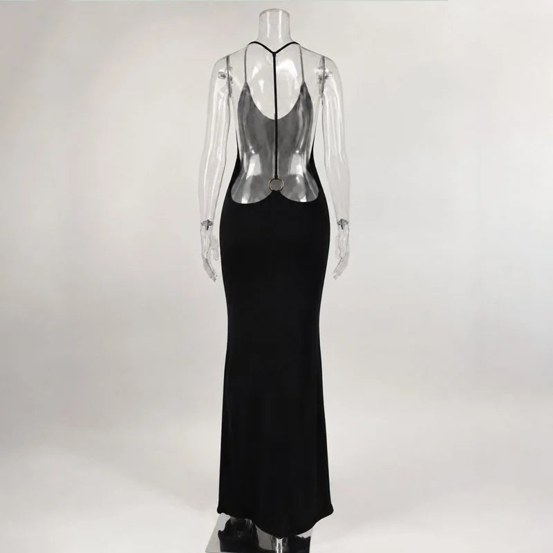 Women’s Gold Ring Halter Backless Maxi Dress