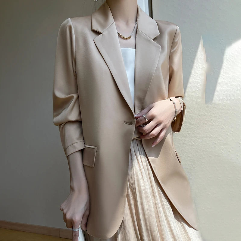 Korean Fashion V-Neck Loose Top Blazer: Single Button Silk Satin Suit Jacket