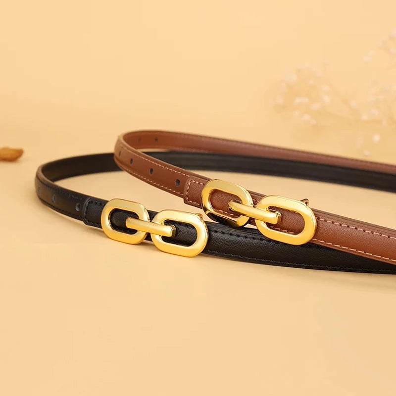 The "Grace" Skinny Belt: Premium Genuine Leather with Polished Gold Buckle