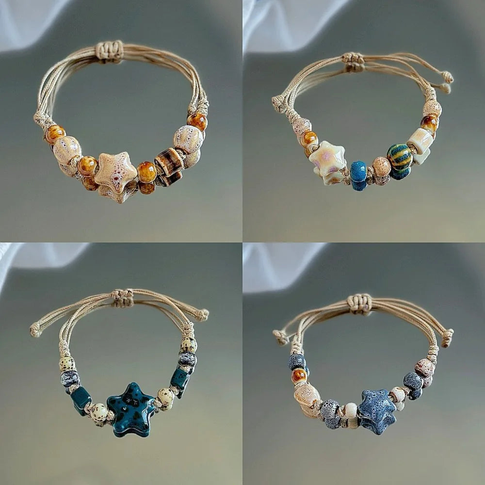 Ethnisches Retro Keramikperlenarmband für Frauen – Handgemachtes Stern- & Rundes Keramik-Charm-Armband