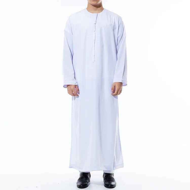 Herren Weiß Muslimischer Jubba Thobe | Langarm Rundhals Islamischer Kaftan