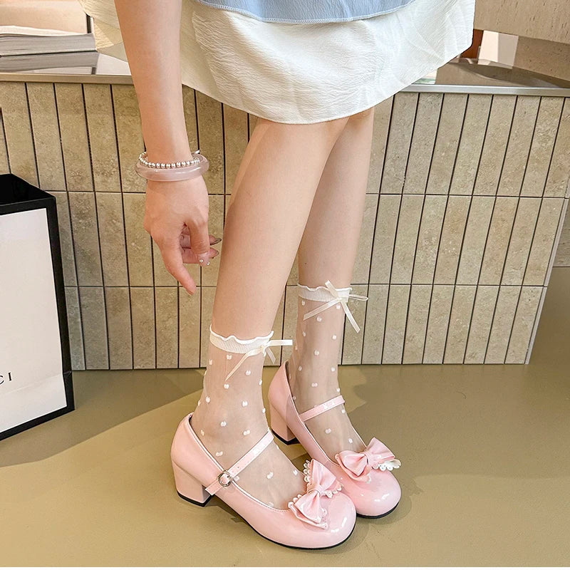 Niedliche Lolita Mary Jane Schuhe für Damen – Lederschuhe mit Schmetterlingsknoten und dickem Absatz