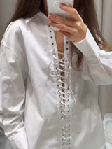 Damen Oversize-Hemd mit Revers – Y2K Webstoff Kordelzug Bluse