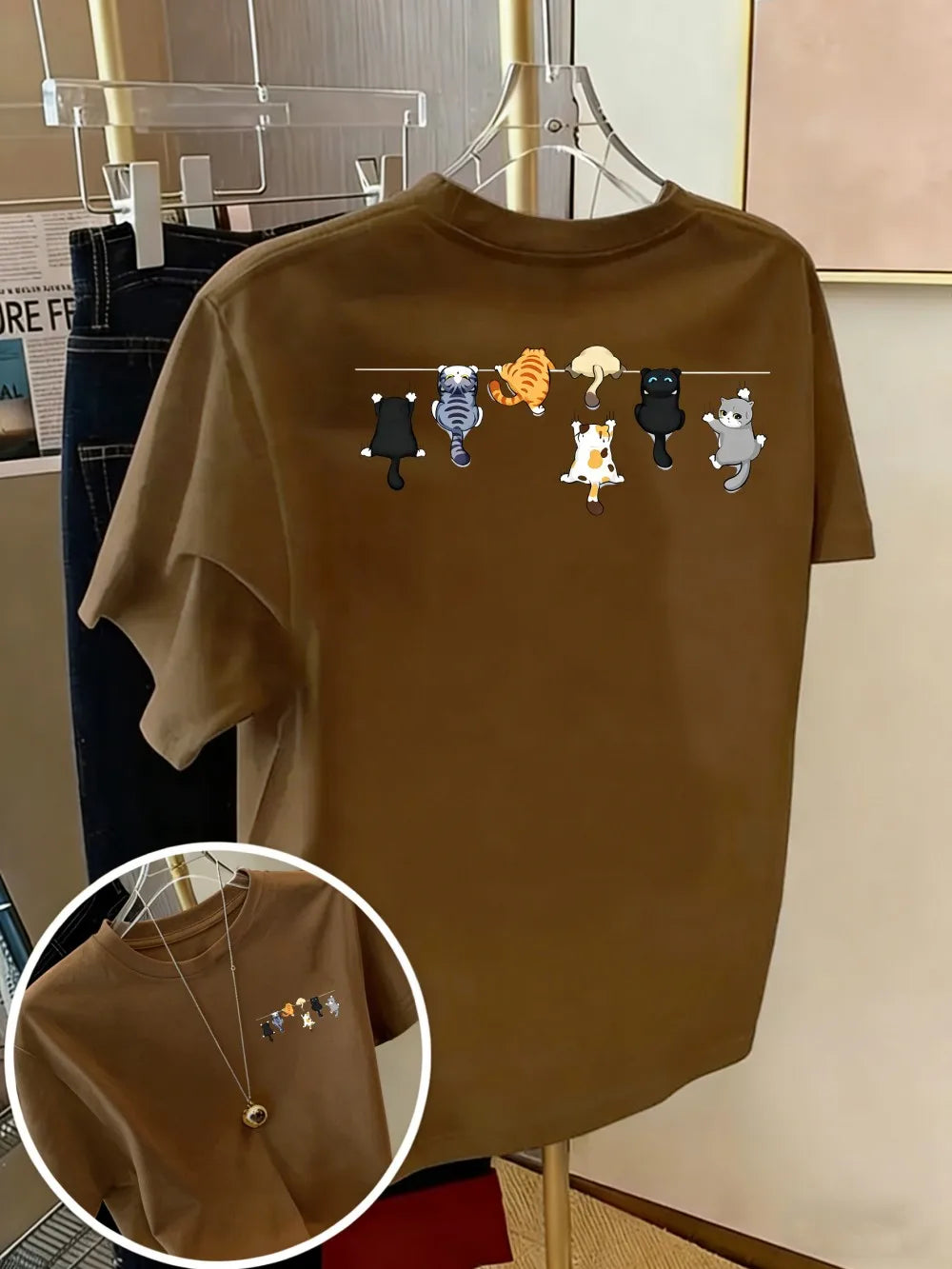 Women's Oversized Cotton Cartoon Cat Print T-Shirt