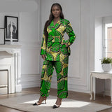 Afrikanisches zweiteiliges Set für Damen mit goldenem Knopf, Broschen-Blazer und Knöchelhose