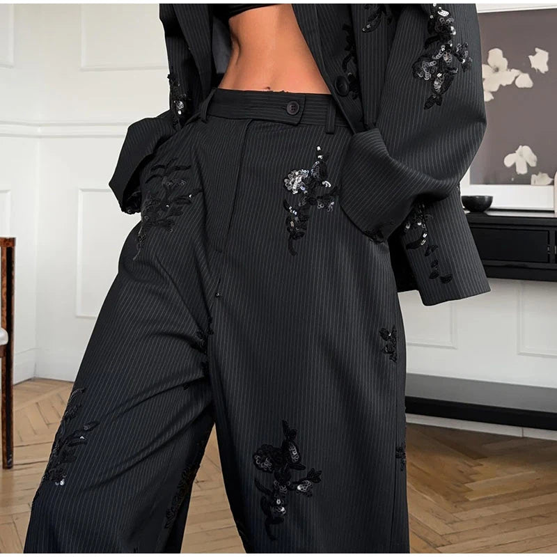 Women’s Chic Sequin Blazer Set – Elegant Lapel Stripe 2-Piece Suit