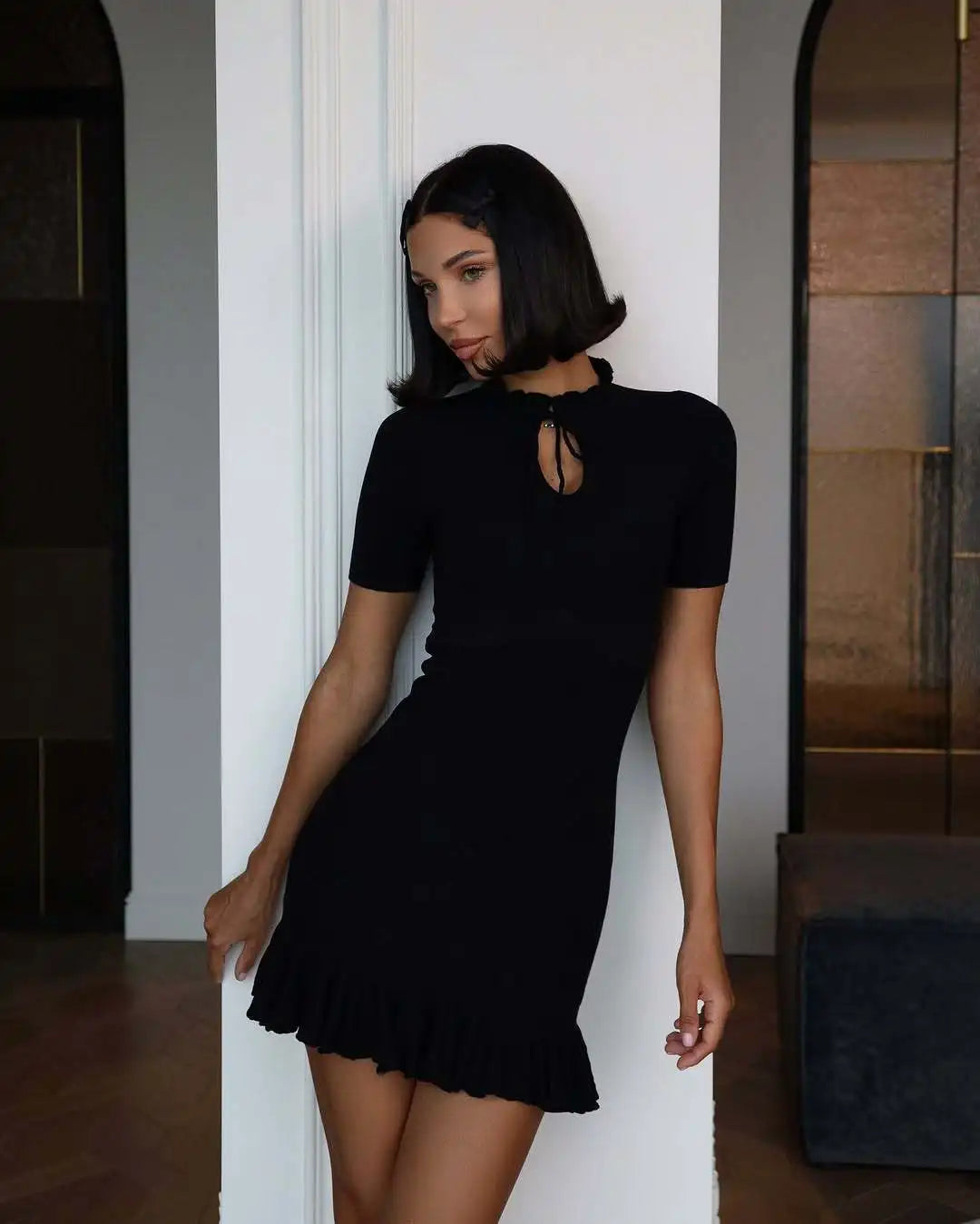 Rüschen-Strick-Minikleid für Damen – Geripptes Patchwork-Kleid mit hoher Taille
