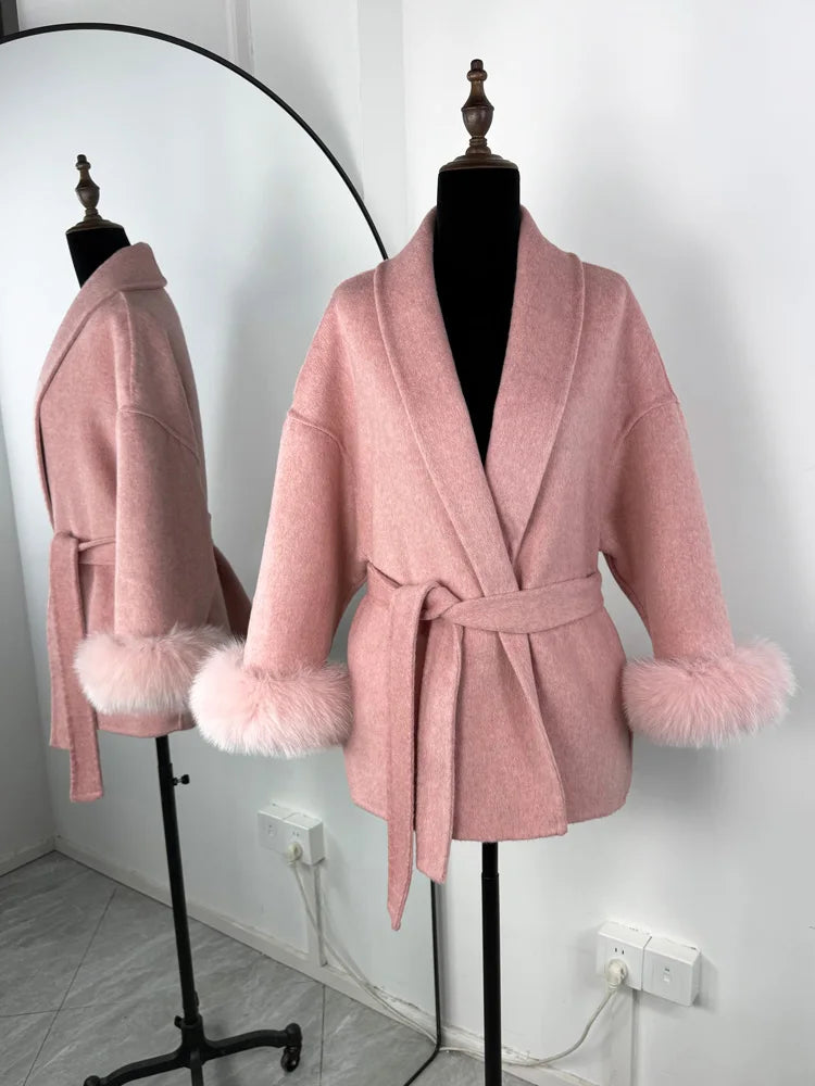 Luxuriöser Fuchsfell-Woll-Wintermantel für Damen – Eleganter doppelseitiger Wollmantel für Frauen,